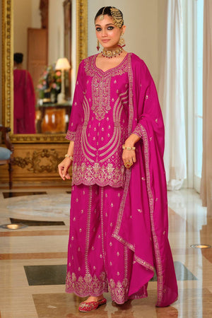 Pink Embroidered Chinon Kurti Pant Set (IDST9KH257)