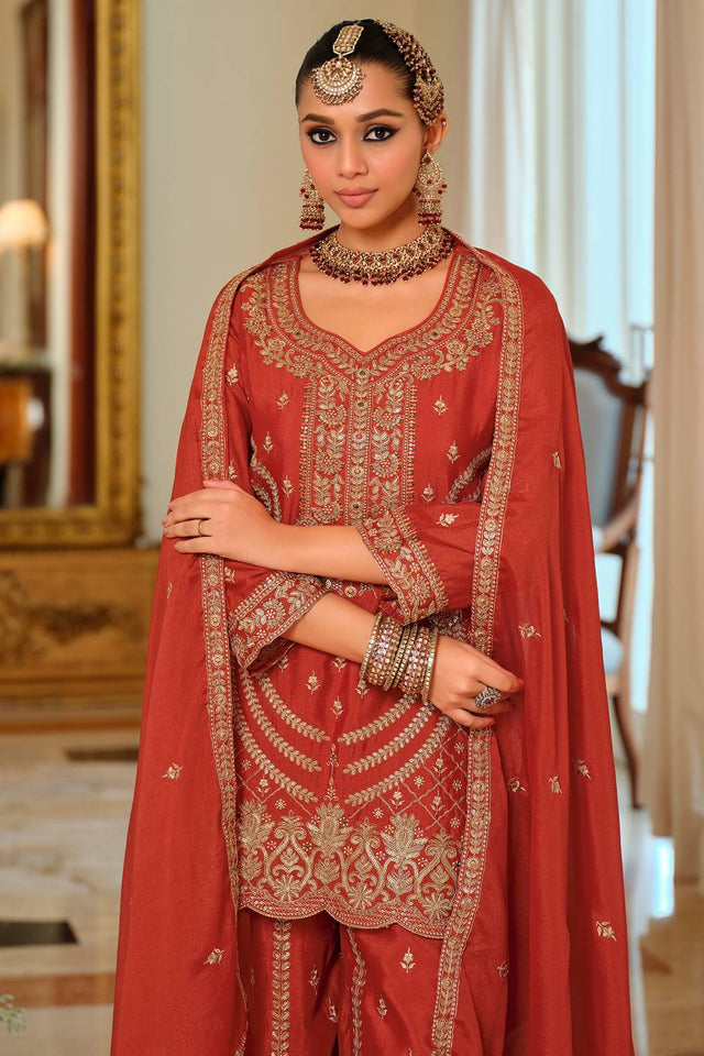 Rust Embroidered Chinon Kurti Pant Set (IDST9KH258)