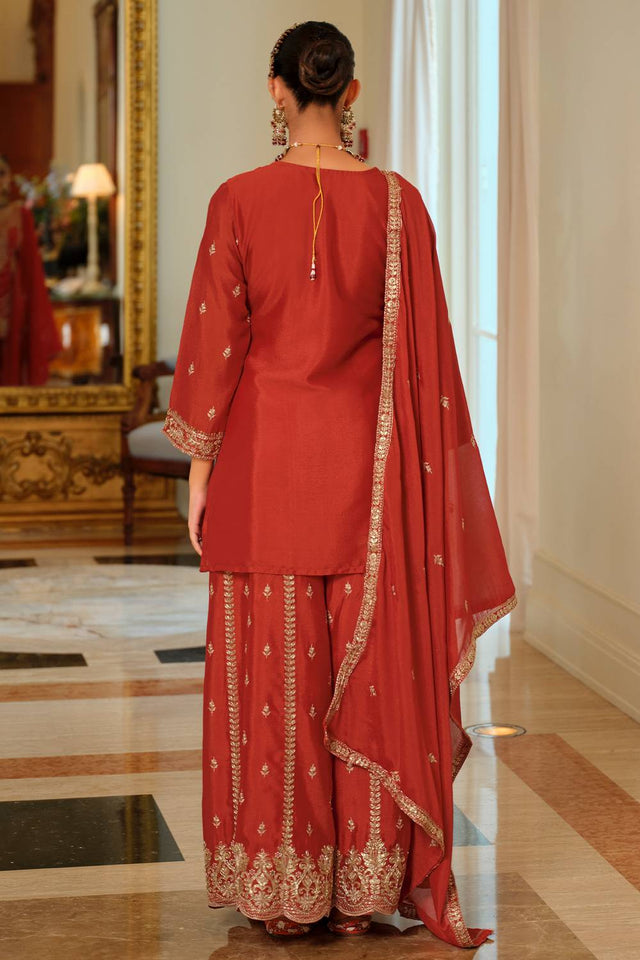 Rust Embroidered Chinon Kurti Pant Set (IDST9KH258)