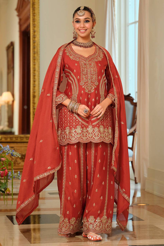 Rust Embroidered Chinon Kurti Pant Set (IDST9KH258)