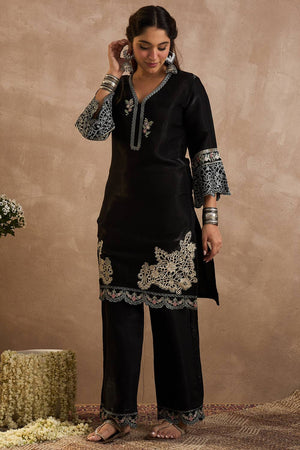 Black Embroidered Silk Blend Kurti Pant Set (IDST9KS112)