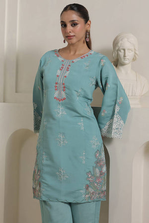 Turquoise Floral Embroidered Silk Blend Kurti Pant Set (IDST9KS116)