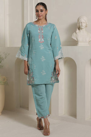 Turquoise Floral Embroidered Silk Blend Kurti Pant Set (IDST9KS116)