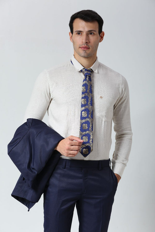 Navy Blue Ethnic Gold Motif Silk Navy Blue Tie