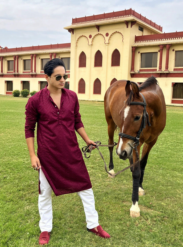 Men Purple Embroidered Sequined Kurta With Churidar