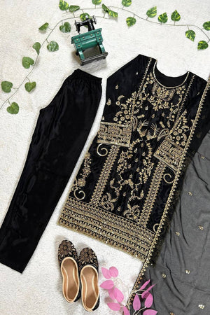 Black Sequin with Embroidered Silk Straight Cut Suits