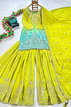 Dark Green Embroidered Silk Sharara Suits