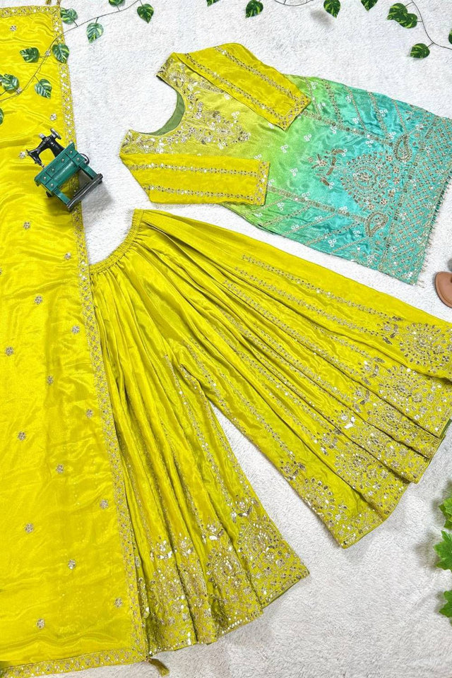 Dark Green Embroidered Silk Sharara Suits