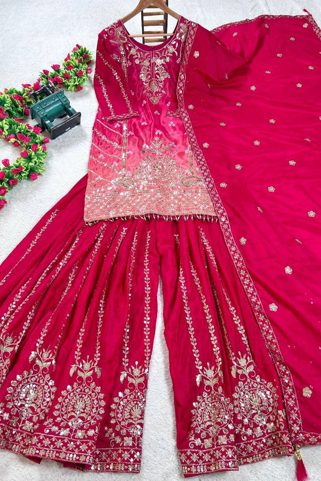 Pink Embroidered Silk Sharara Suits