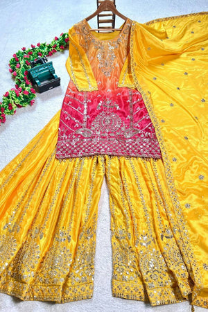 Yellow Embroidered Silk Sharara Suits