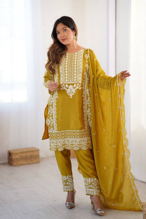 Yellow Embroidered Silk Kurti Pant Set