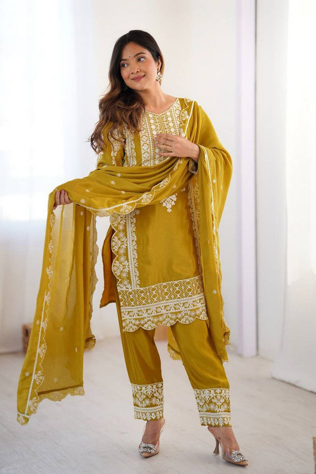 Yellow Embroidered Silk Kurti Pant Set