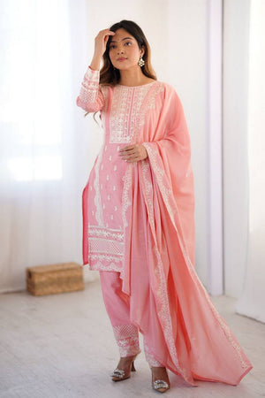 Light Pink Embroidered Silk Kurti Pant Set
