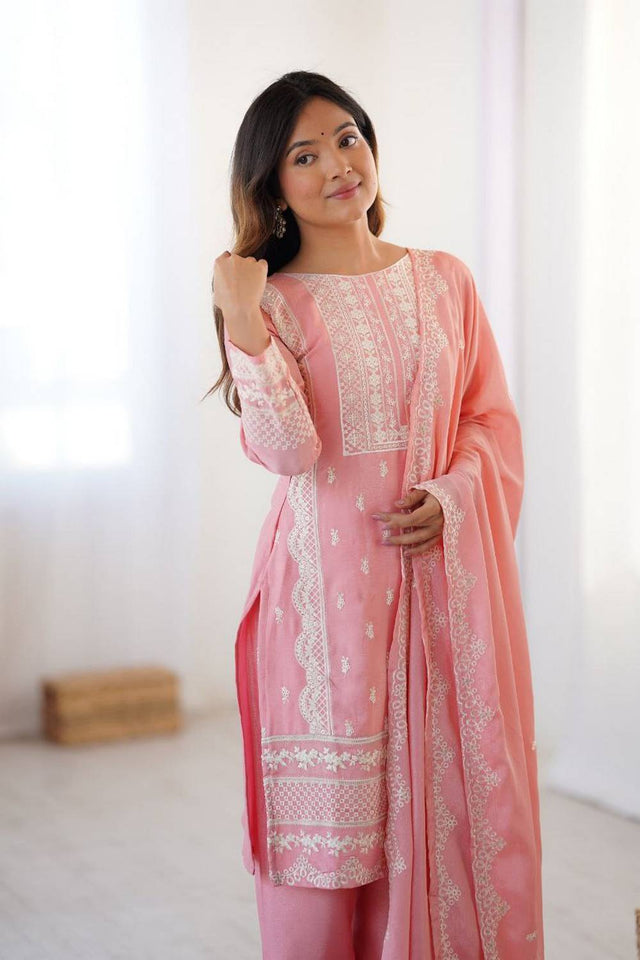 Light Pink Embroidered Silk Kurti Pant Set
