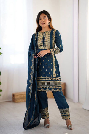 Blue Embroidered Silk Kurti Pant Set