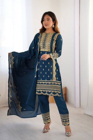 Blue Embroidered Silk Kurti Pant Set