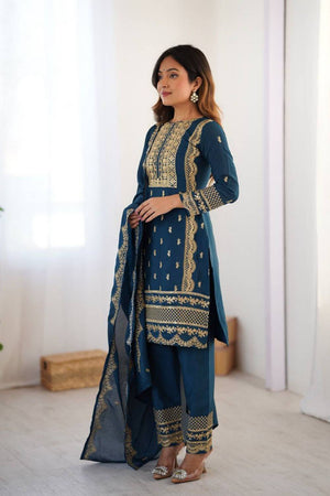 Blue Embroidered Silk Kurti Pant Set