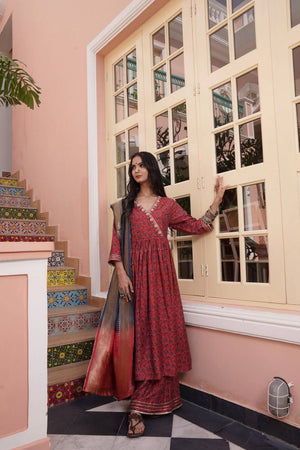Red Ajrakh Printed Cotton Kurti Palazzo Set