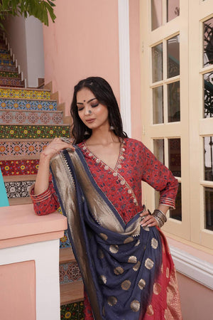 Red Ajrakh Printed Cotton Kurti Palazzo Set