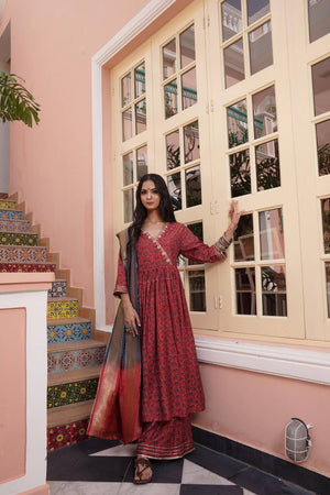 Red Ajrakh Printed Cotton Kurti Palazzo Set