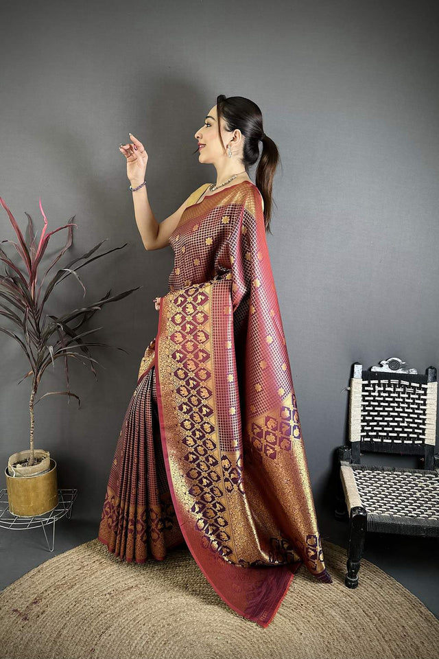 Wine Checkered & Floral Woven Banarasi Silk Saree (JK12601)