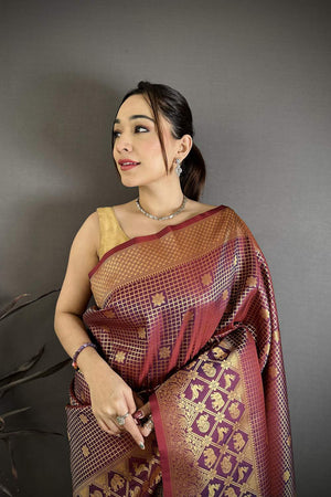 Wine Checkered & Floral Woven Banarasi Silk Saree (JK12601)