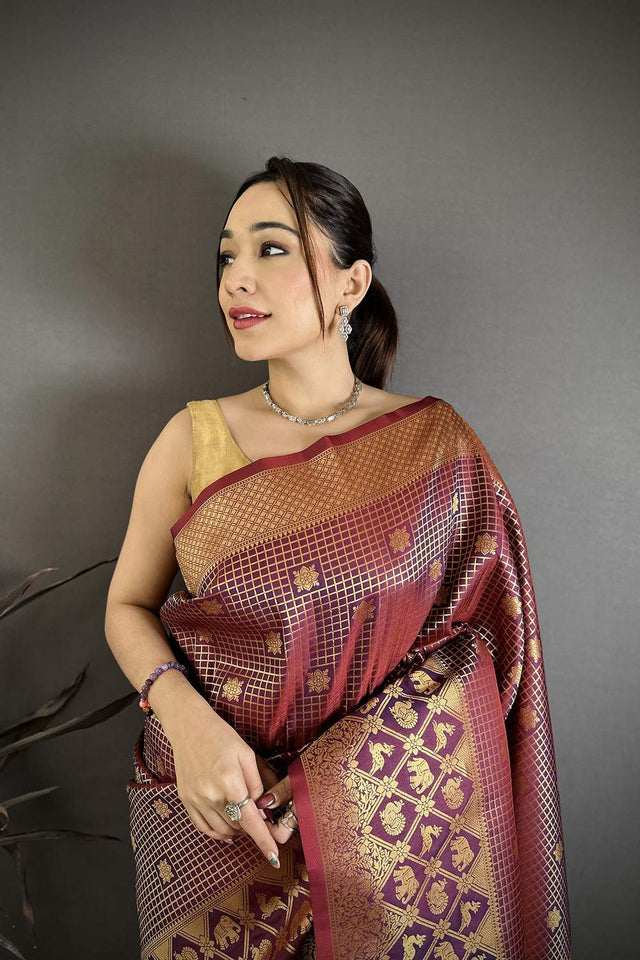 Wine Checkered & Floral Woven Banarasi Silk Saree (JK12601)