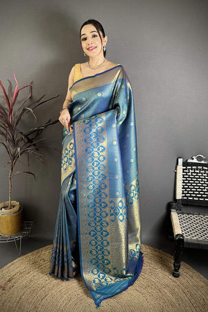 Blue Checkered & Floral Woven Banarasi Silk Saree (JK12602)