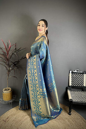 Blue Checkered & Floral Woven Banarasi Silk Saree (JK12602)