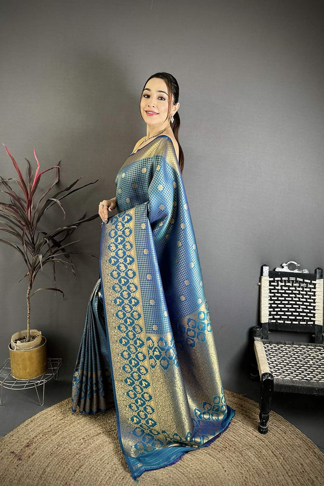 Blue Checkered & Floral Woven Banarasi Silk Saree (JK12602)