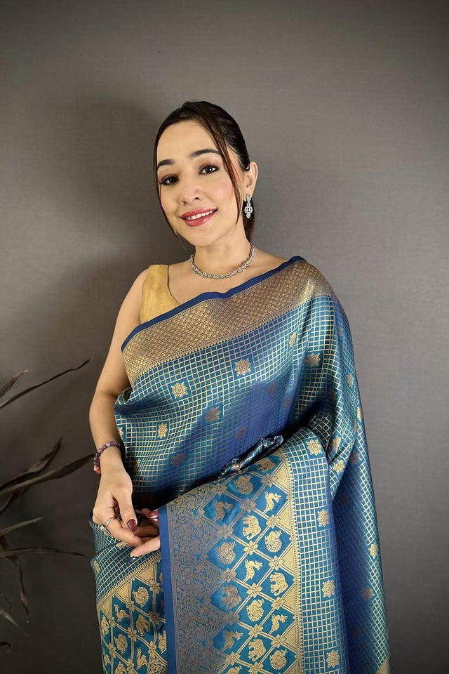Blue Checkered & Floral Woven Banarasi Silk Saree (JK12602)
