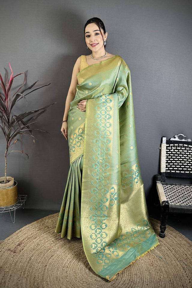 Green Checkered & Floral Woven Banarasi Silk Saree (JK12603)
