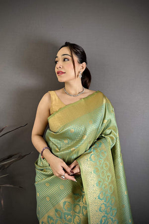 Green Checkered & Floral Woven Banarasi Silk Saree (JK12603)