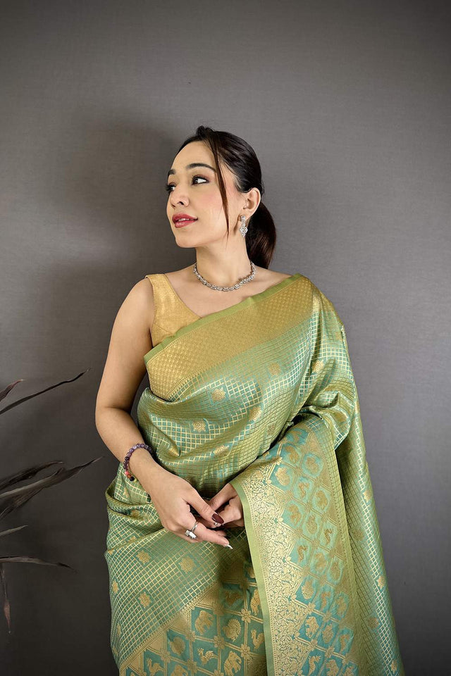 Green Checkered & Floral Woven Banarasi Silk Saree (JK12603)