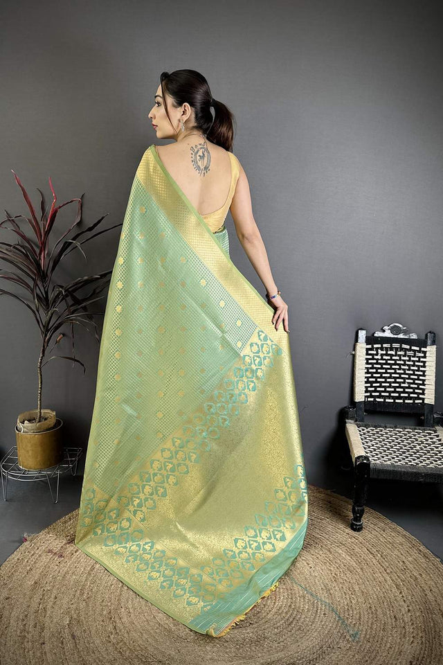 Green Checkered & Floral Woven Banarasi Silk Saree (JK12603)