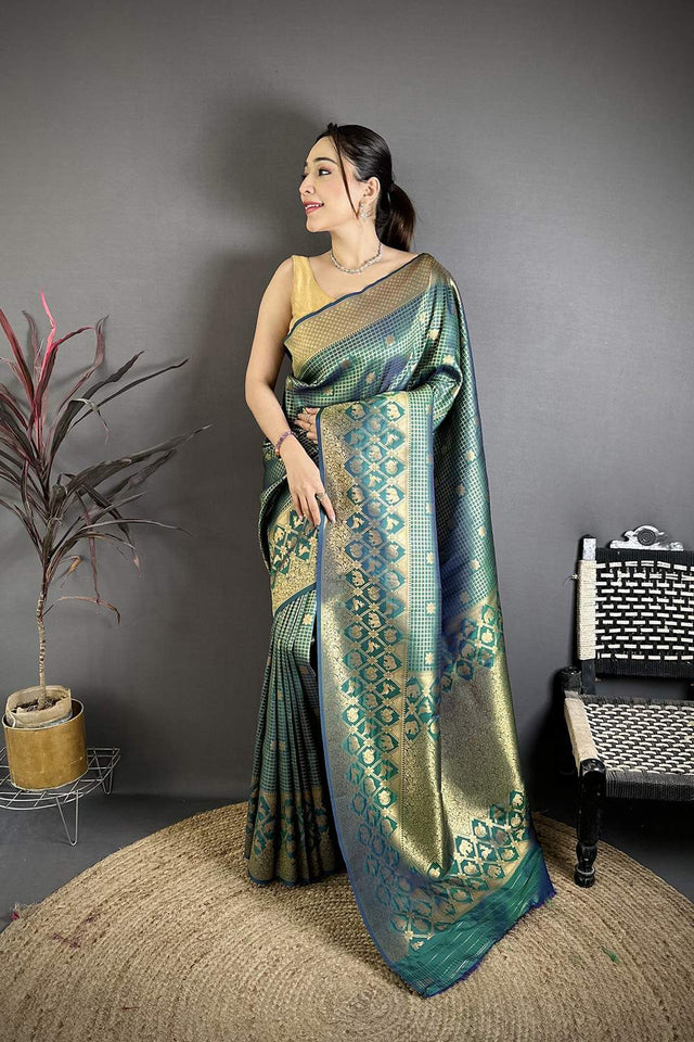Green Checkered & Floral Woven Banarasi Silk Saree (JK12604)