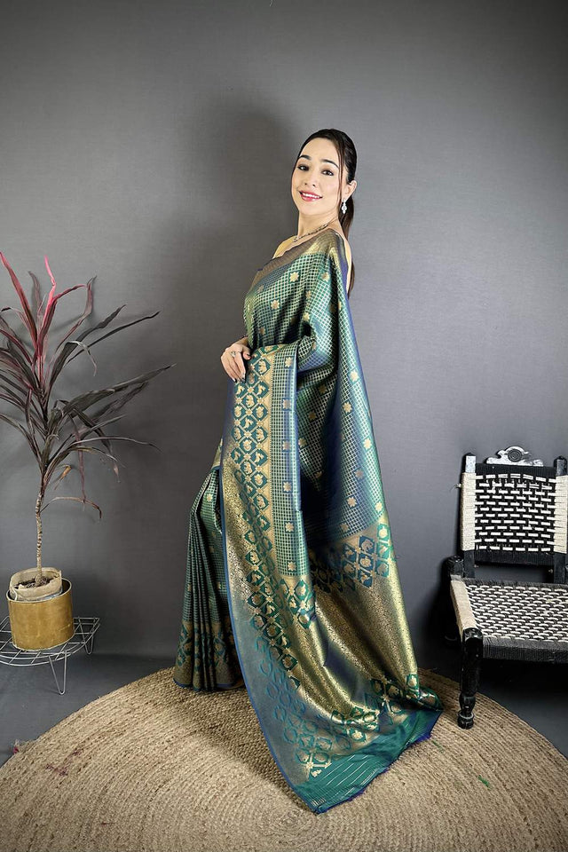 Green Checkered & Floral Woven Banarasi Silk Saree (JK12604)