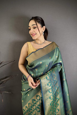 Green Checkered & Floral Woven Banarasi Silk Saree (JK12604)