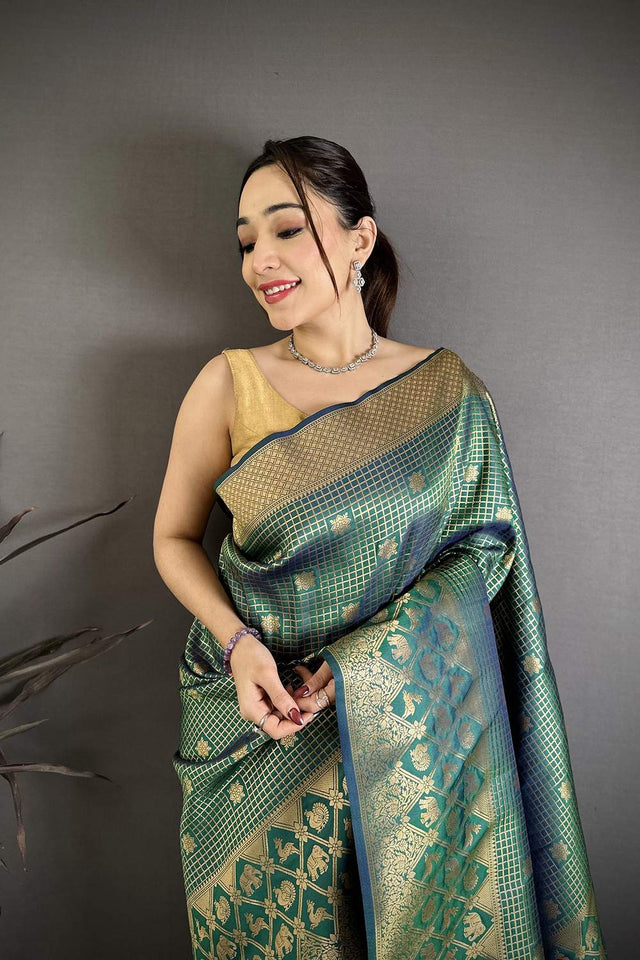Green Checkered & Floral Woven Banarasi Silk Saree (JK12604)