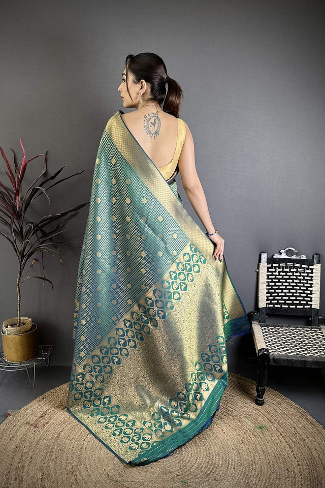 Green Checkered & Floral Woven Banarasi Silk Saree (JK12604)