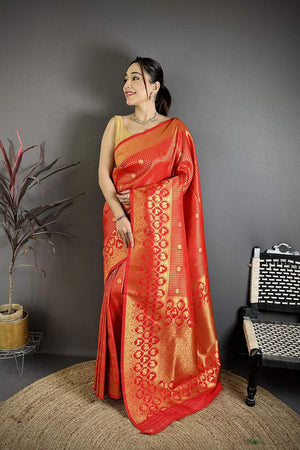 Red Checkered & Floral Woven Banarasi Silk Saree (JK12605)