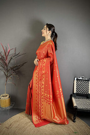 Red Checkered & Floral Woven Banarasi Silk Saree (JK12605)