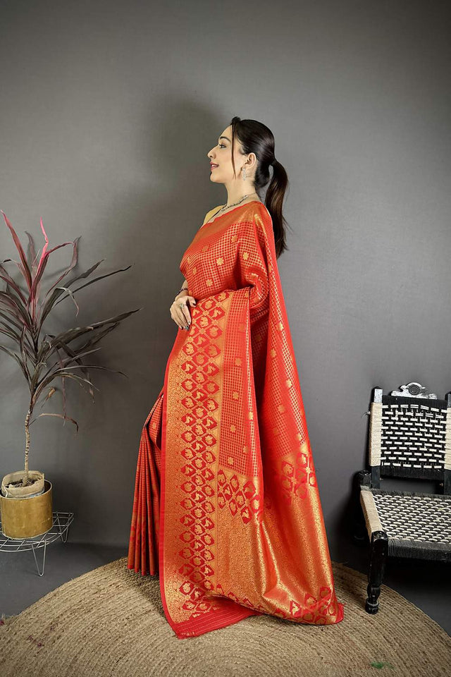 Red Checkered & Floral Woven Banarasi Silk Saree (JK12605)