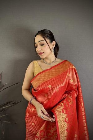 Red Checkered & Floral Woven Banarasi Silk Saree (JK12605)