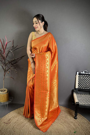 Orange Checkered & Floral Woven Banarasi Silk Saree (JK12606)