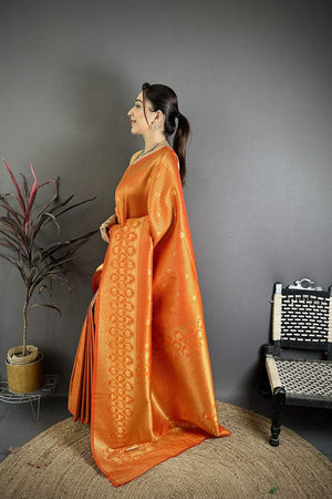 Orange Checkered & Floral Woven Banarasi Silk Saree (JK12606)