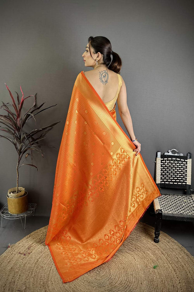 Orange Checkered & Floral Woven Banarasi Silk Saree (JK12606)