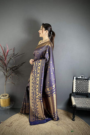 Navy Blue Checkered & Floral Woven Banarasi Silk Saree (JK12607)