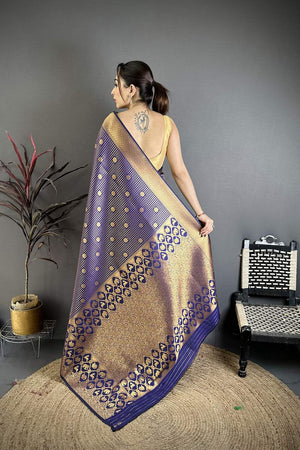 Navy Blue Checkered & Floral Woven Banarasi Silk Saree (JK12607)