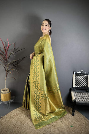 Olive Green Checkered & Floral Woven Banarasi Silk Saree (JK12608)